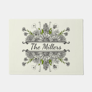 Beautiful drawing of black and white flowers doormat