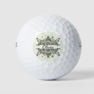 Beautiful drawing of black and white flowers golf balls