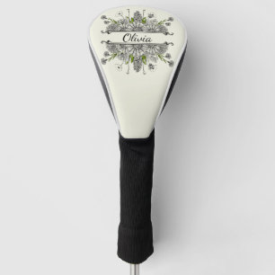 Beautiful drawing of black and white flowers golf head cover