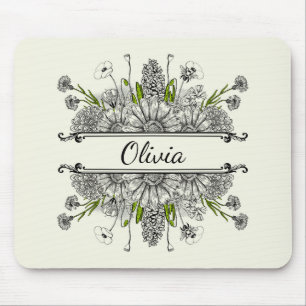 Beautiful drawing of black and white flowers mouse mat