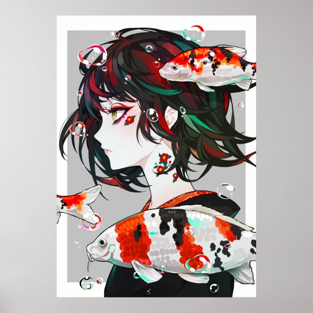 Beautiful Drawn art - Anime Girl with Koi Fish Poster (Front)
