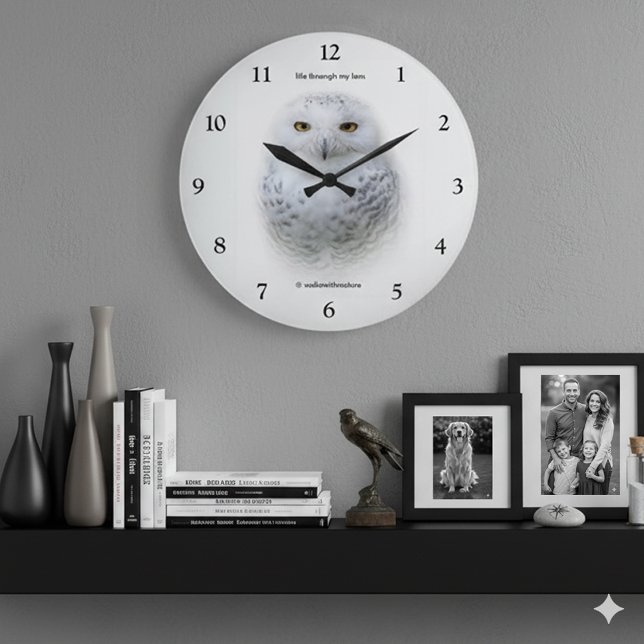 Beautiful, Dreamy and Serene Snowy Owl Large Clock (Snowy Owl Round Acrylic Clock Cover Photo)