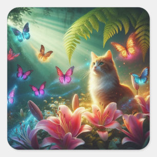 Beautiful dreamy butterflies & Cat Square Sticker