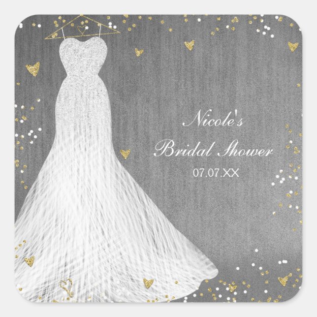 Beautiful Dress on Gold Hanger Bridal Shower Square Sticker (Front)