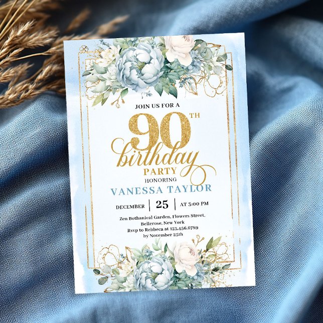 Beautiful dusty blue and gold 90th birthday invite (Beautiful dusty blue and gold 90th birthday celebration)