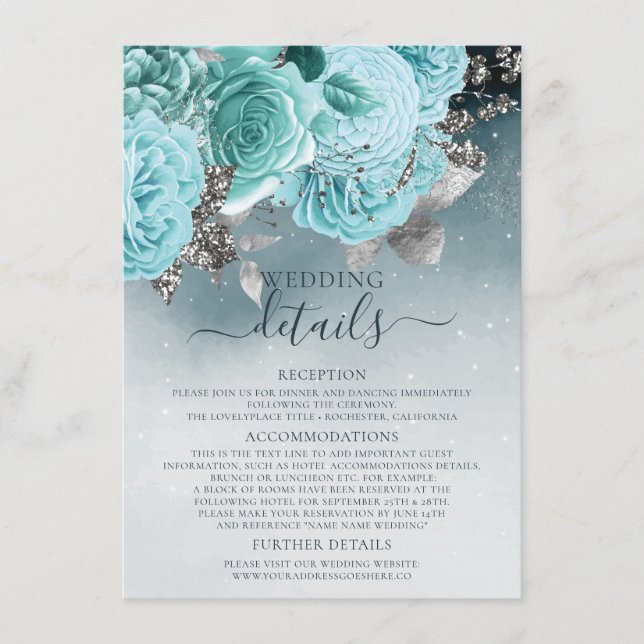 Beautiful Dusty Blue Floral Wedding Details Enclosure Card (Front)