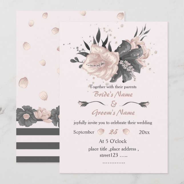 beautiful dusty pink dark grey flowers wedding invitation (Front/Back)