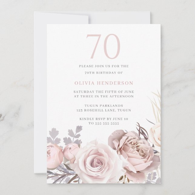Beautiful Dusty Rose & Blush 70th Birthday Party Invitation (Front)