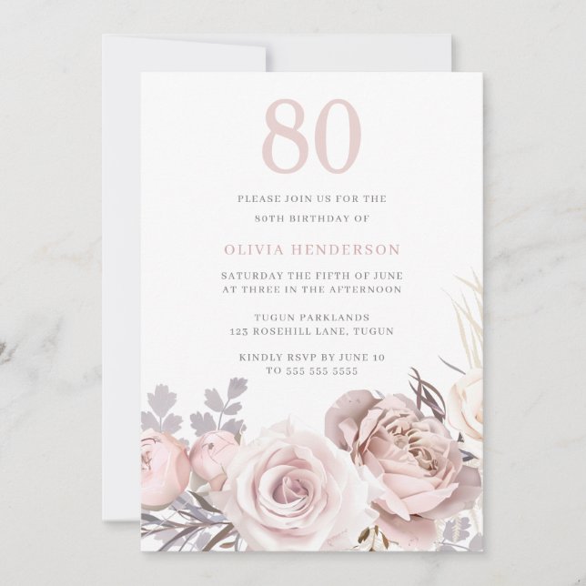 Beautiful Dusty Rose & Blush 80th Birthday Party Invitation (Front)