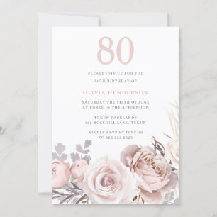 Beautiful Dusty Rose & Blush 80th Birthday Party Invitation