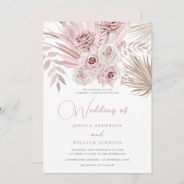 Beautiful Dusty Rose & Blush Ivory Boho Wedding Invitation (Front/Back)
