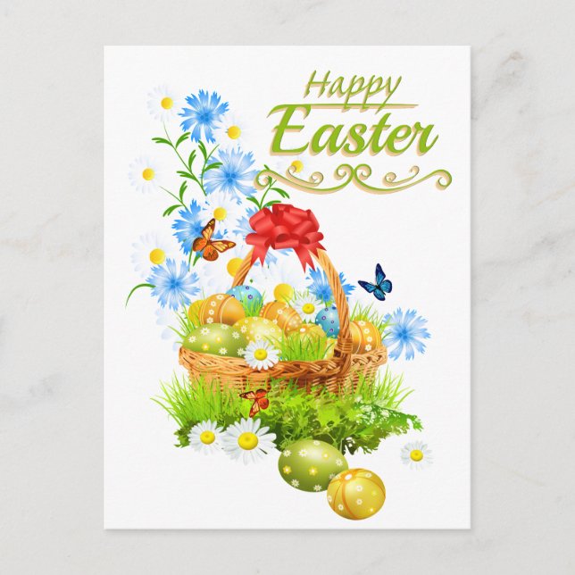Beautiful Easter Basket and Spring Flowers Holiday Postcard (Front)