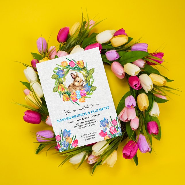 Beautiful Easter Bunny Eggs Tulips Invitation (Elegant Easter celebration invitation.)