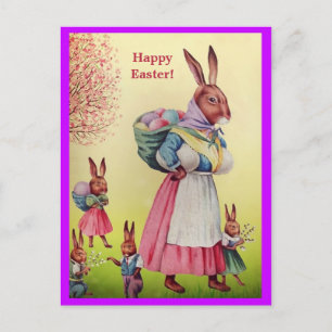 Beautiful Easter Bunny Mother & Her Little Bunnies Postcard