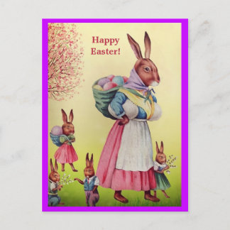 Beautiful Easter Bunny Mother & Her Little Bunnies Postcard