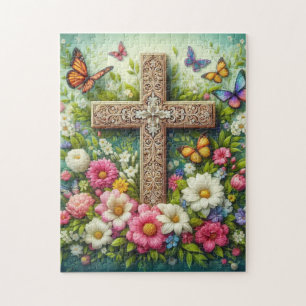 Beautiful Easter floral cross with butterflies Jigsaw Puzzle