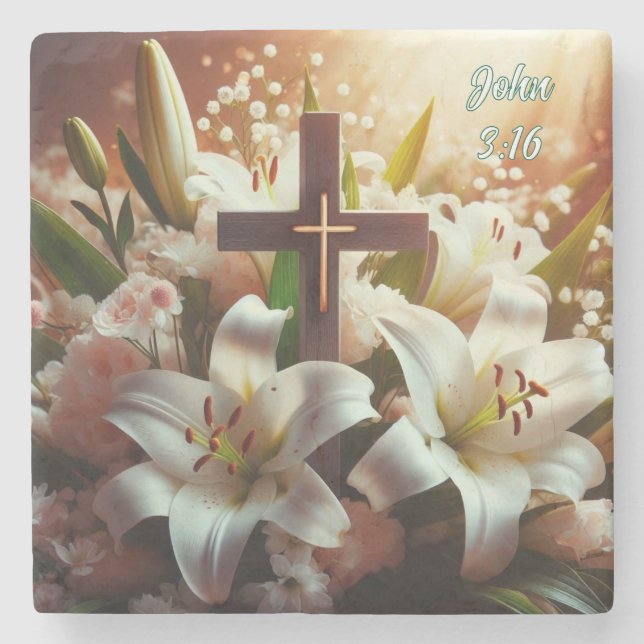 Beautiful Easter lily cross Stone Coaster (Front)