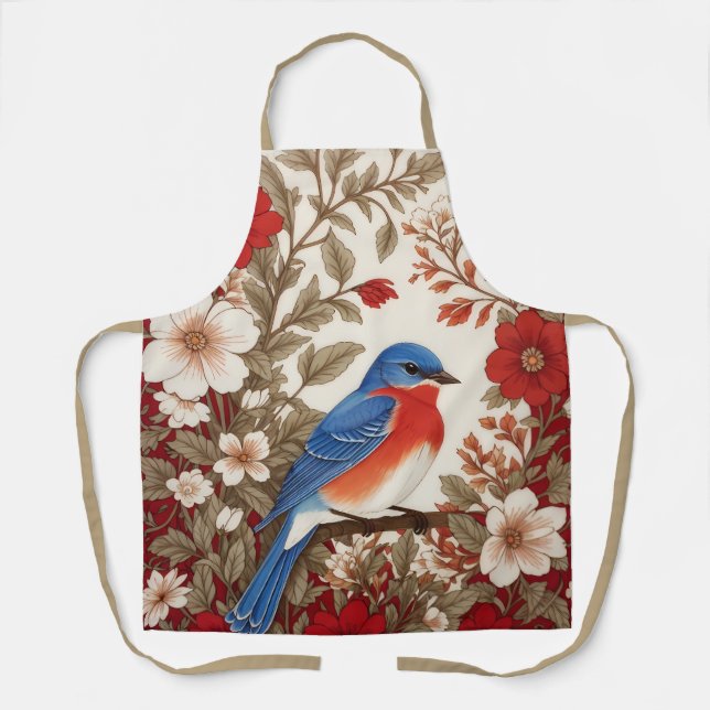 Beautiful Eastern Bluebird Red Floral  Apron (Front)