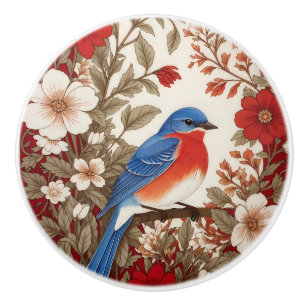 Beautiful Eastern Bluebird Red Floral Ceramic Knob