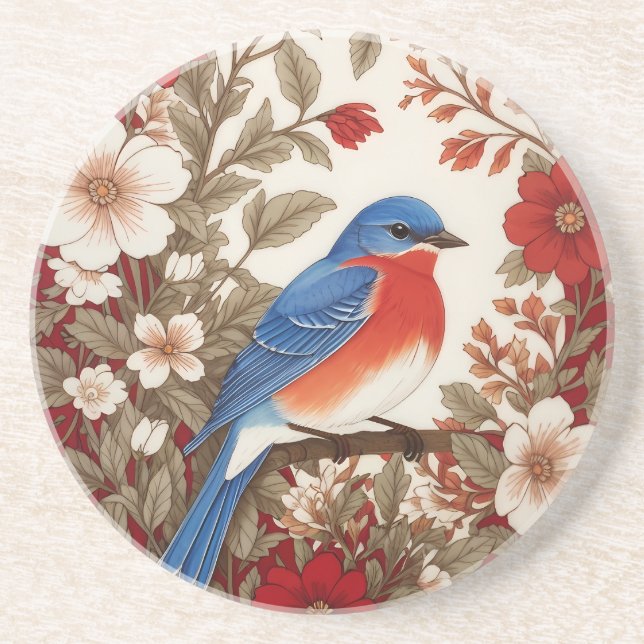 Beautiful Eastern Bluebird Red Floral  Coaster (Front)