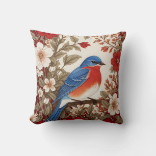 Beautiful Eastern Bluebird Red Floral Cushion