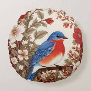 Beautiful Eastern Bluebird Red Floral Round Cushion