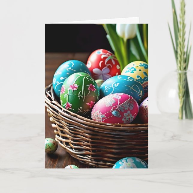 Beautiful Eggs in an Easter Basket Holiday Card (Front)