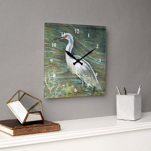 Beautiful Egret Shorebird Wading In Water Art Square Wall Clock