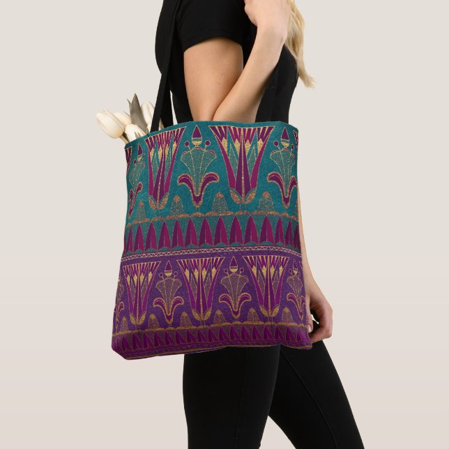 Beautiful egyptian pattern purple green and scarab tote bag (Close Up)