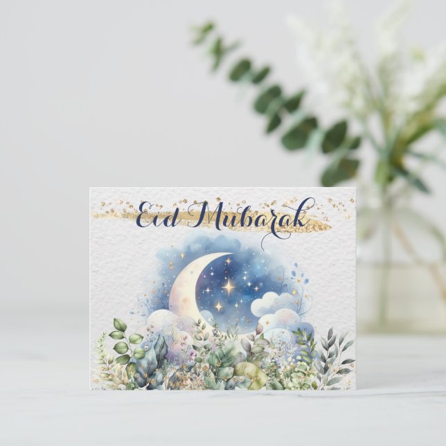 Beautiful Eid Mubarak Watercolor Moon Foliage Gold Holiday Postcard (Standing Front)