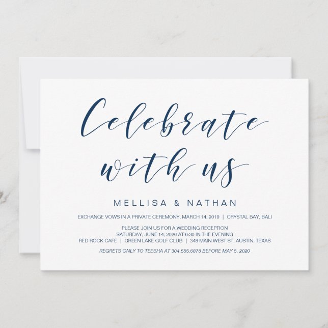 Beautiful Elegance, Navy Blue, Wedding Elopement Invitation (Front)