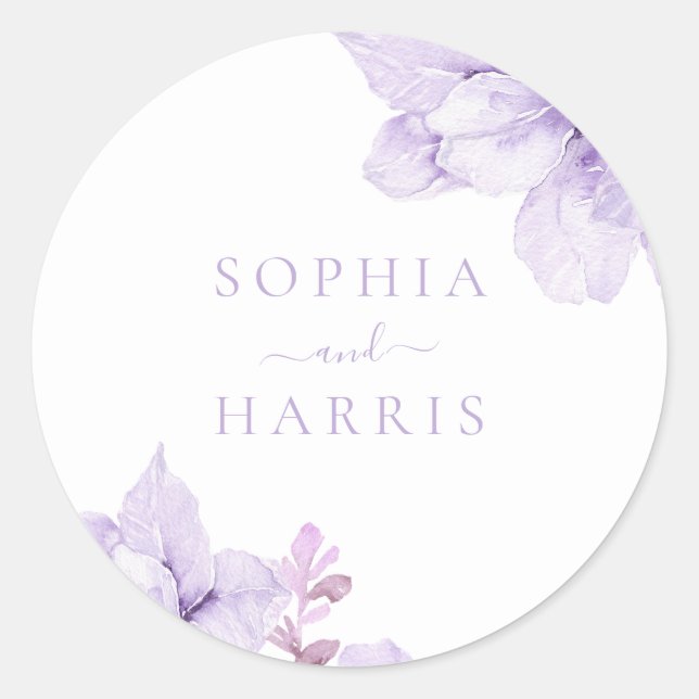 Beautiful Elegance Purple Floral Wedding Classic Round Sticker (Front)