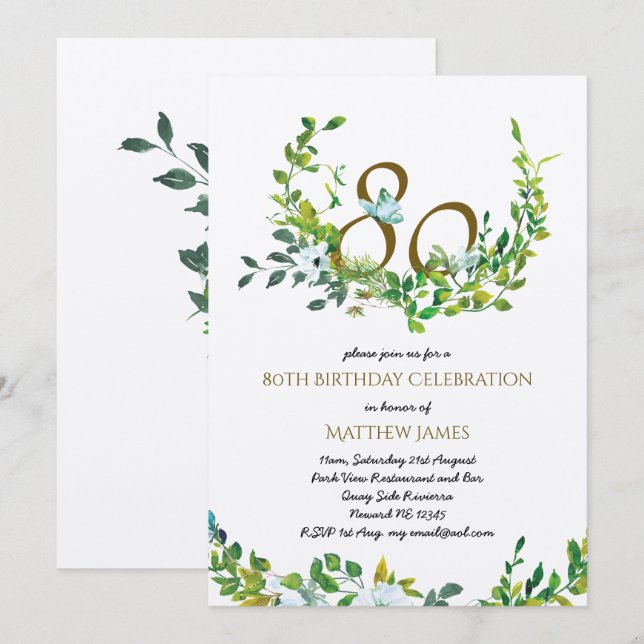Beautiful Elegant 80th Birthday Invitations KRAFT (Front/Back)