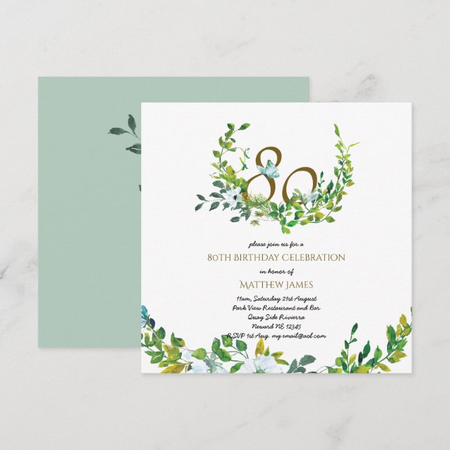 Beautiful Elegant 80th Birthday Invitations Women (Front/Back)