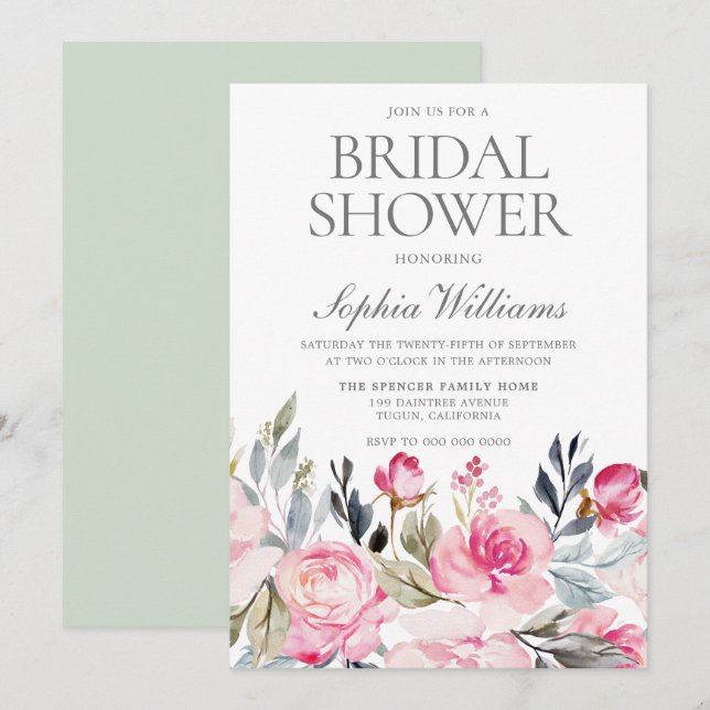 Beautiful Elegant Blush Flowers Bridal Shower Invitation (Front/Back)