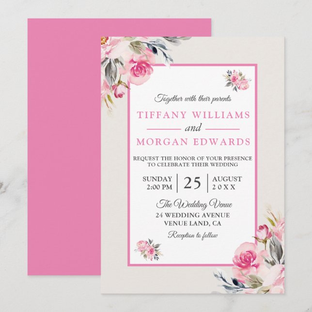 Beautiful Elegant Blush Pink Floral Wedding Invitation (Front/Back)