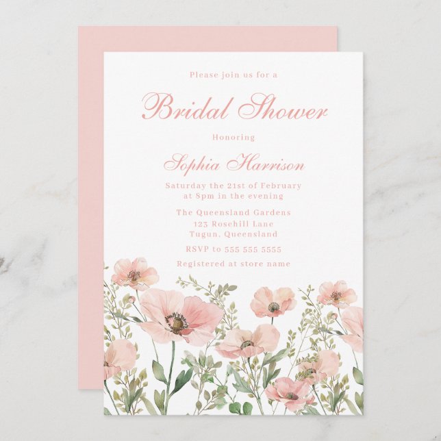 Beautiful Elegant Blush Wildflower Bridal Shower Invitation (Front/Back)