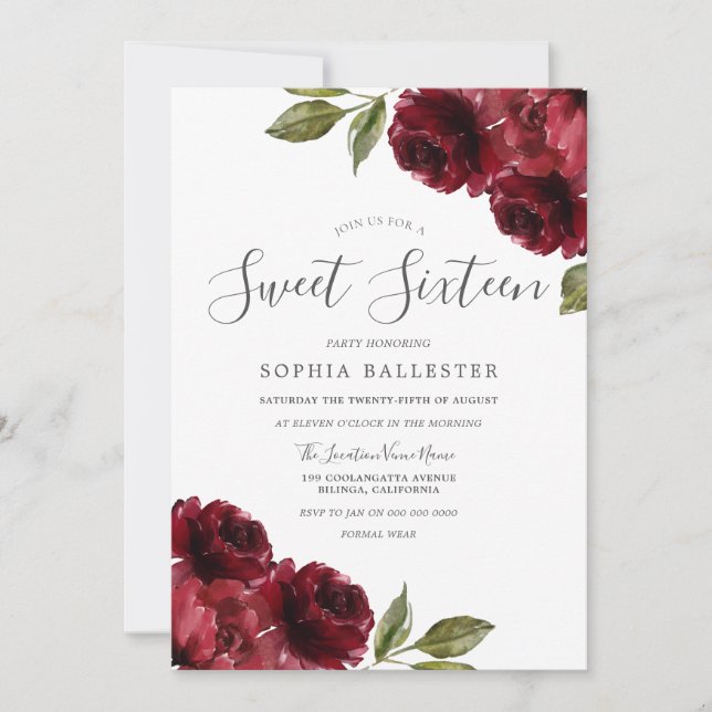 Beautiful Elegant Burgundy Red Flowers Sweet 16 Invitation (Front)