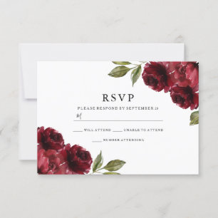 Beautiful Elegant Burgundy Red Flowers Wedding RSVP Card