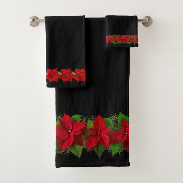 Beautiful Elegant Christmas Red Poinsettia & Black Bath Towel Set (Insitu)