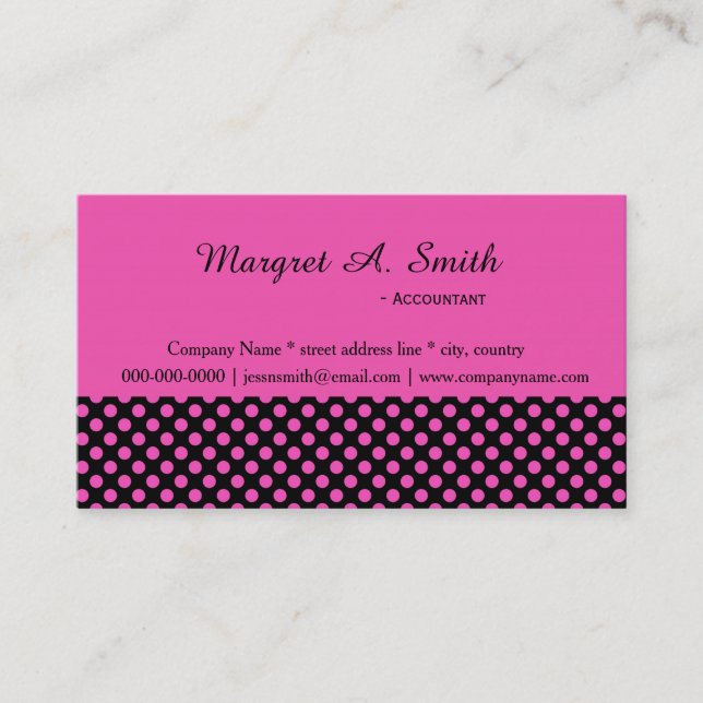 Beautiful, elegant, cute black and pink polka dots business card (Front)