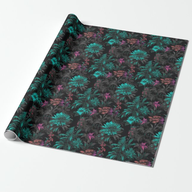 Beautiful Elegant Dark Teal Floral Wallpaper Print Wrapping Paper (Unrolled)
