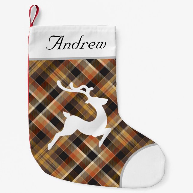 Beautiful elegant design monogrammed tartan brown  small christmas stocking (Front)