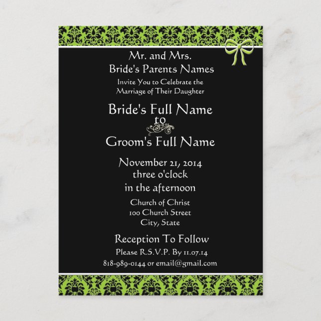 Beautiful Elegant Green Damask Wedding Invitation (Front)