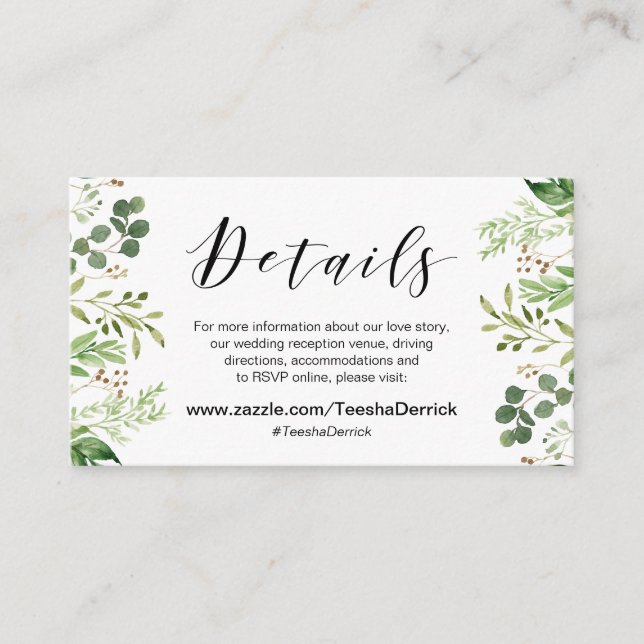Beautiful Elegant Greenery, Black, Wedding Details Enclosure Card (Front)