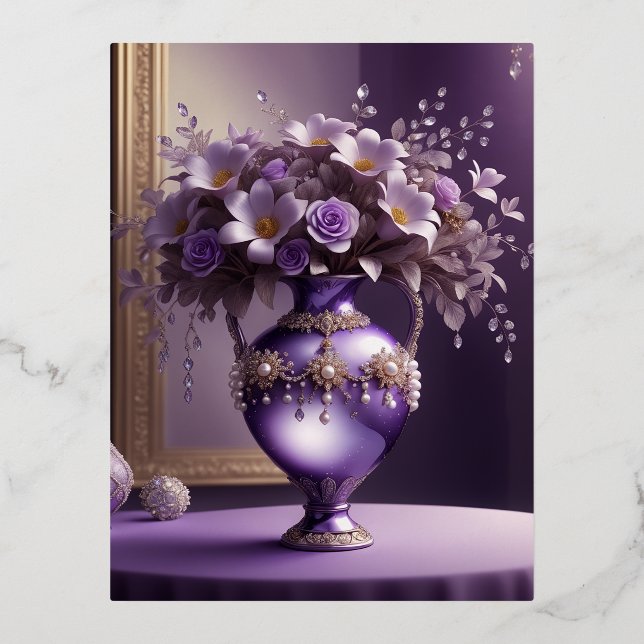 Beautiful elegant light purple round vase decorat foil holiday postcard (Front)