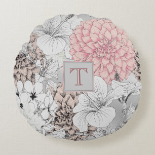 Beautiful Elegant Modern Floral Monogram Round Cushion