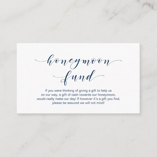 Beautiful Elegant, Navy Blue script Honeymoon Fund Enclosure Card (Front)