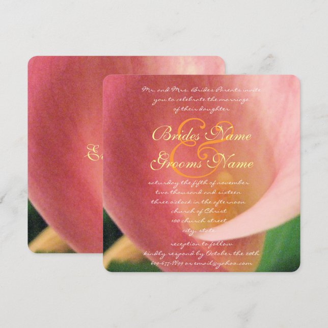 Beautiful Elegant Pale Pink Calla Lily Wedding Invitation (Front/Back)