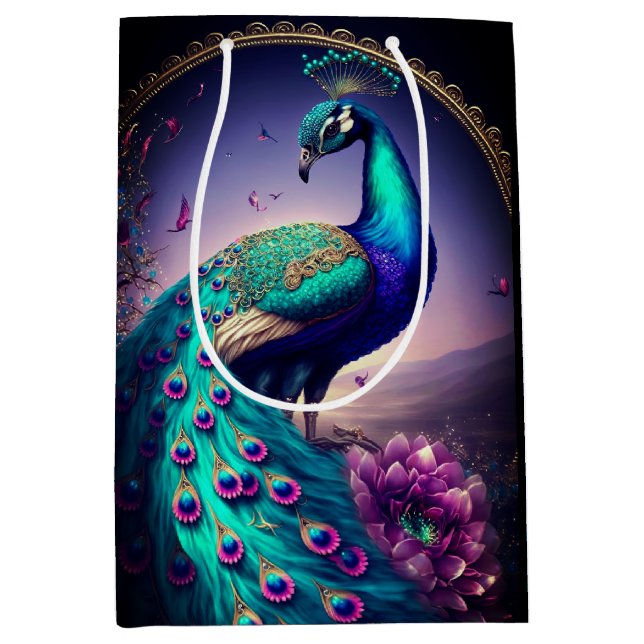 Beautiful Elegant Peacock Bird Wildlife Art Medium Gift Bag (Front)